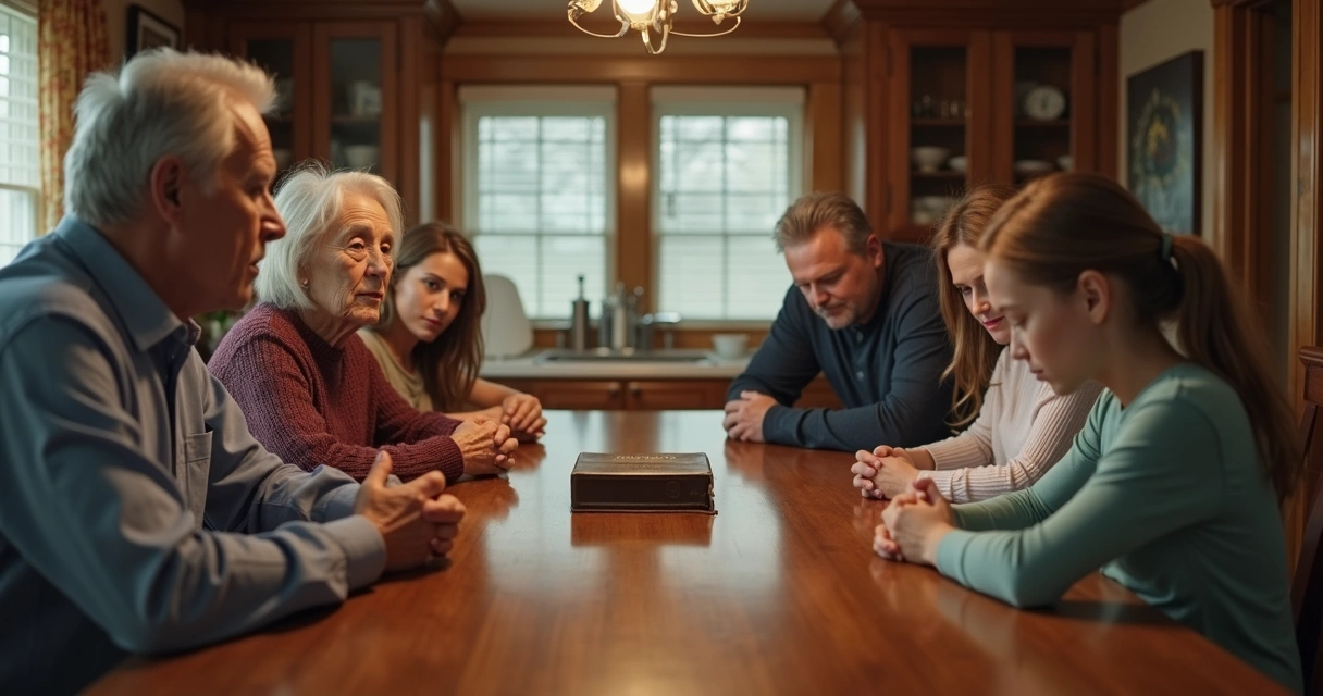 Família sentada à mesa, algumas pessoas calmas e outras visivelmente desconfortáveis.