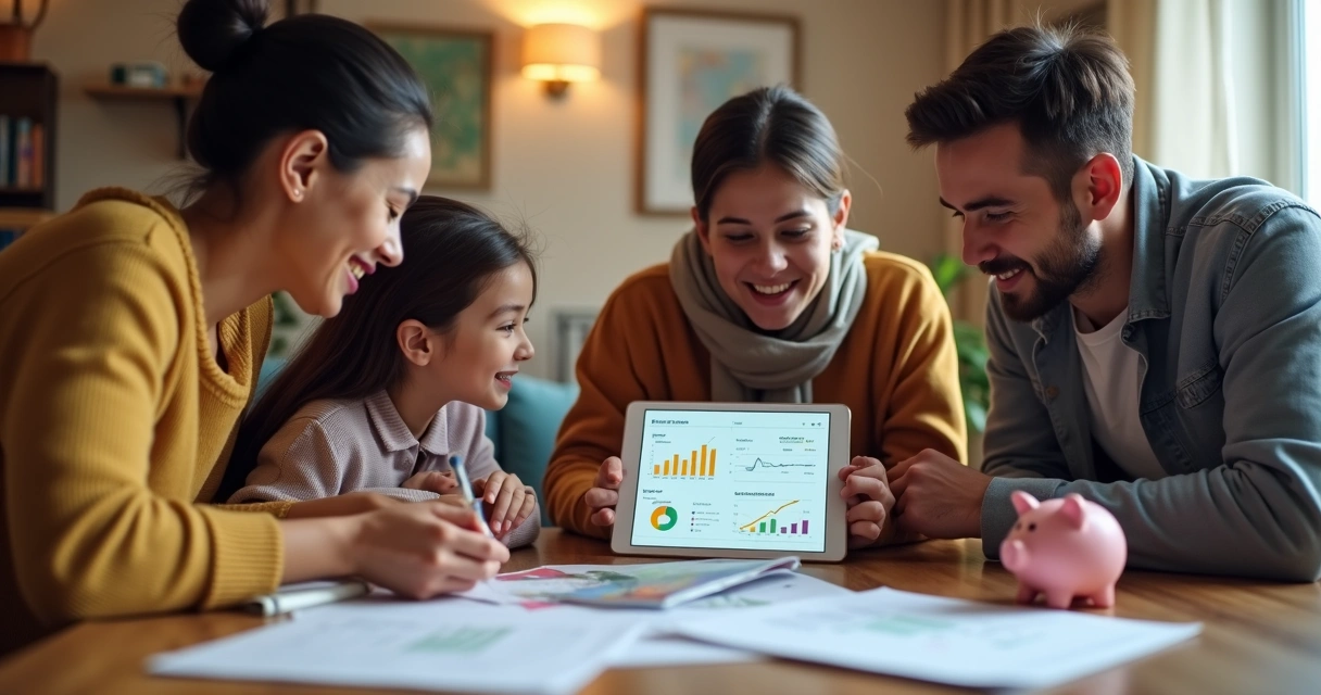 Família reunida na sala conversando sobre finanças com tablet aberto