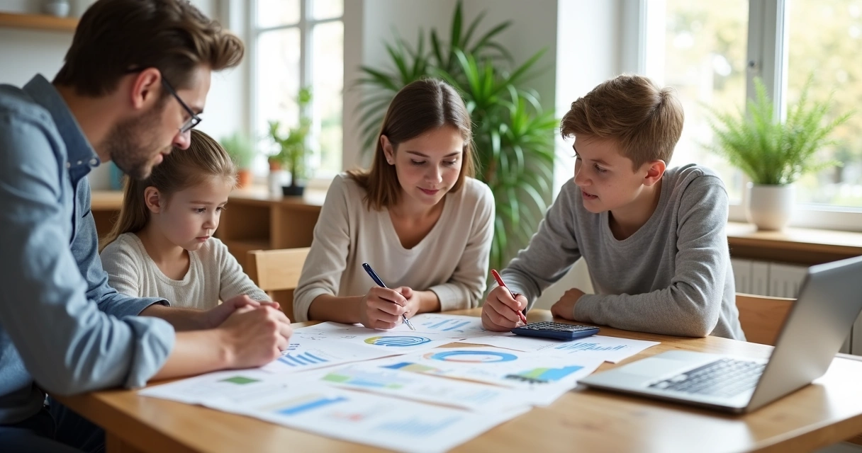 Família sentada à mesa analisando planilhas de finanças domésticas 