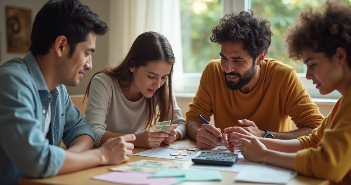 Família reunida conversando sobre planejamento financeiro com notas e moedas na mesa 
