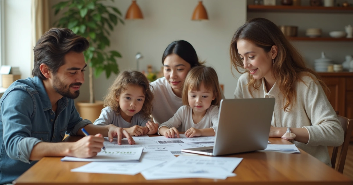 Família sentada à mesa analisando papéis de financiamento habitacional 