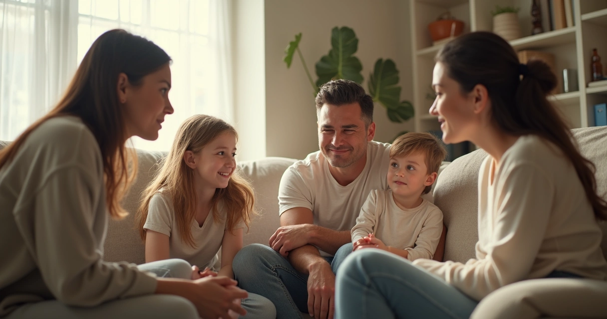 Família sentada em roda conversando em clima respeitoso