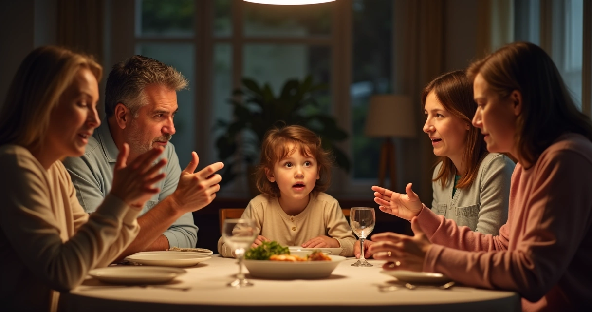 Família sentada à mesa de jantar, todos discutindo em clima tenso. 