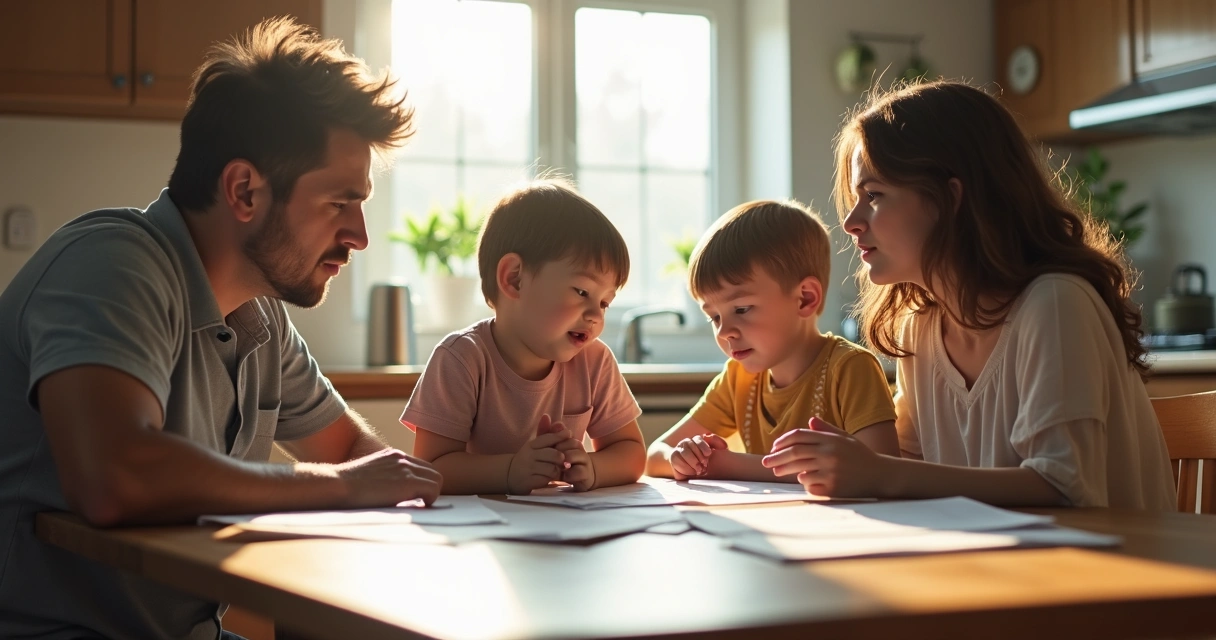 Três pessoas sentadas ao redor de mesa discutem documentos de família 