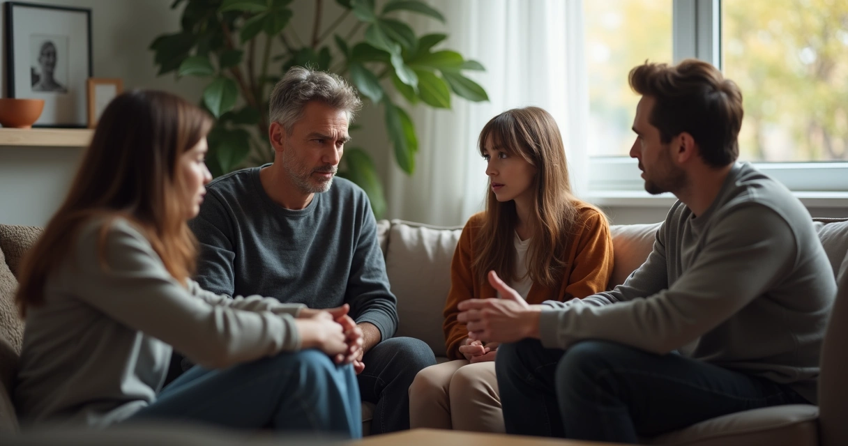 Pais e filhos em uma sala, conversando de forma séria e respeitosa 