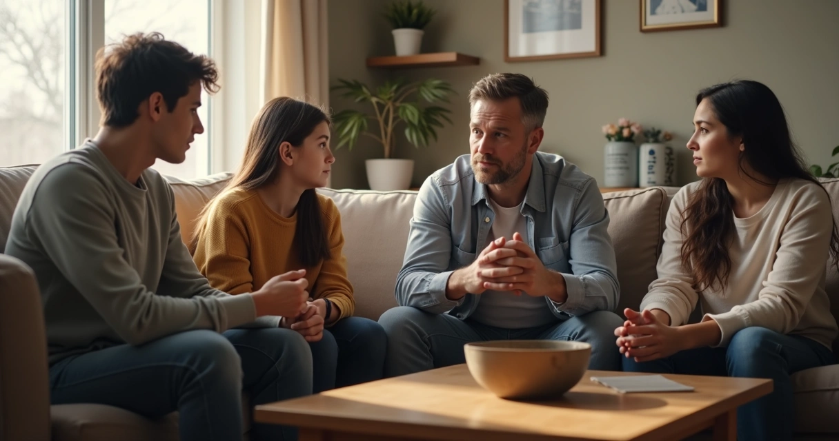 Família conversando no sofá da sala 