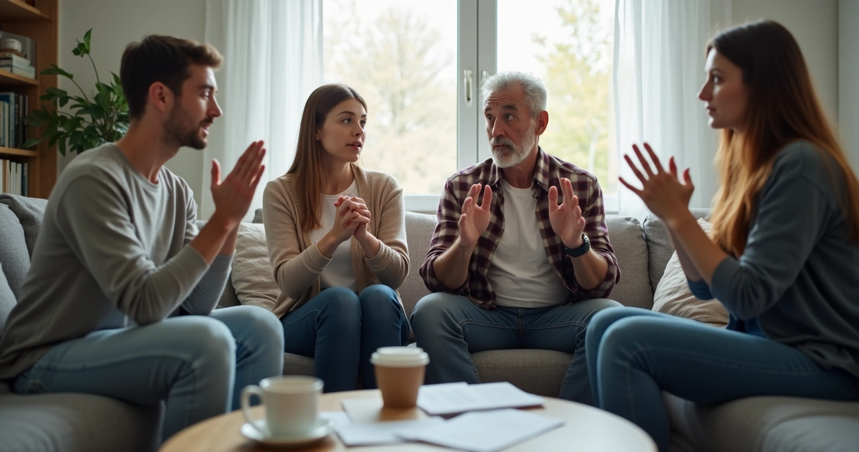 Quatro pessoas sentadas em sofá de sala de estar discutindo, expressões tensas, ambiente diurno