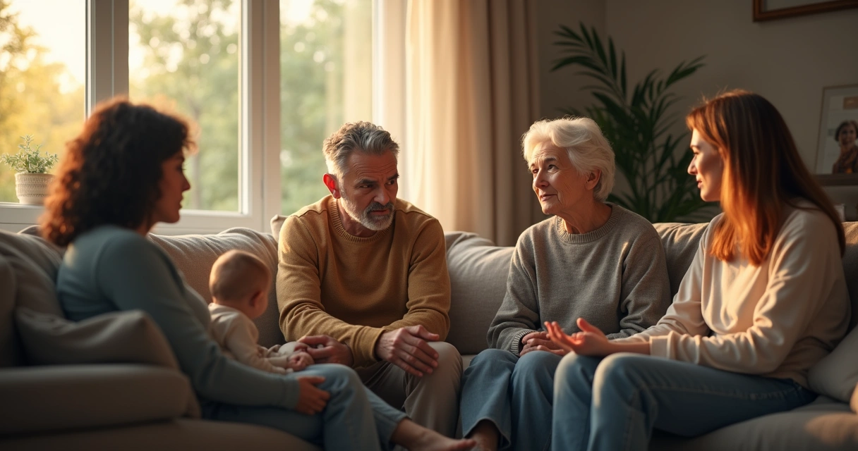 Família discutindo em sala de estar com expressões tensas