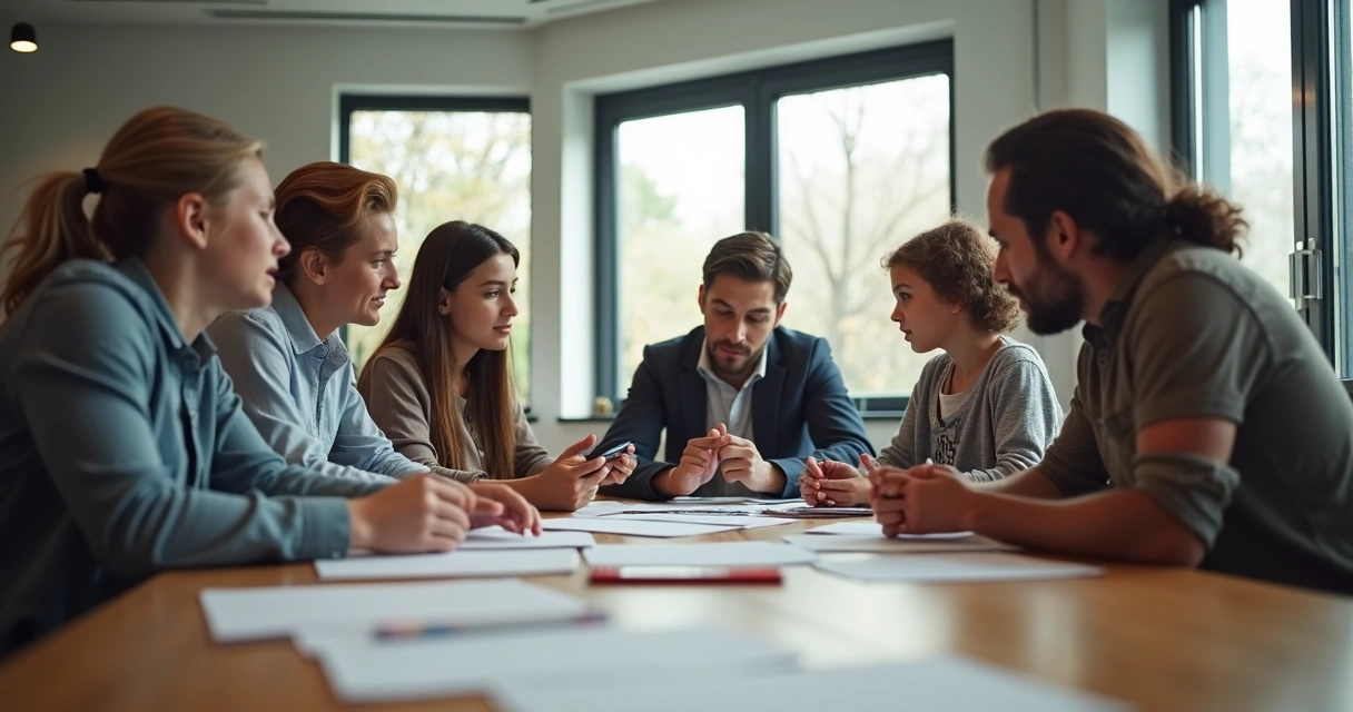 Grupo familiar discute transição de liderança ao redor de uma mesa