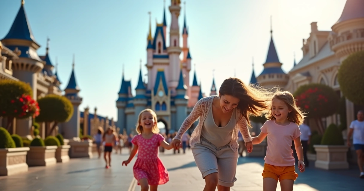 Família feliz com crianças pequenas no Magic Kingdom da Disney, com castelo ao fundo, luz do dia e cores vibrantes