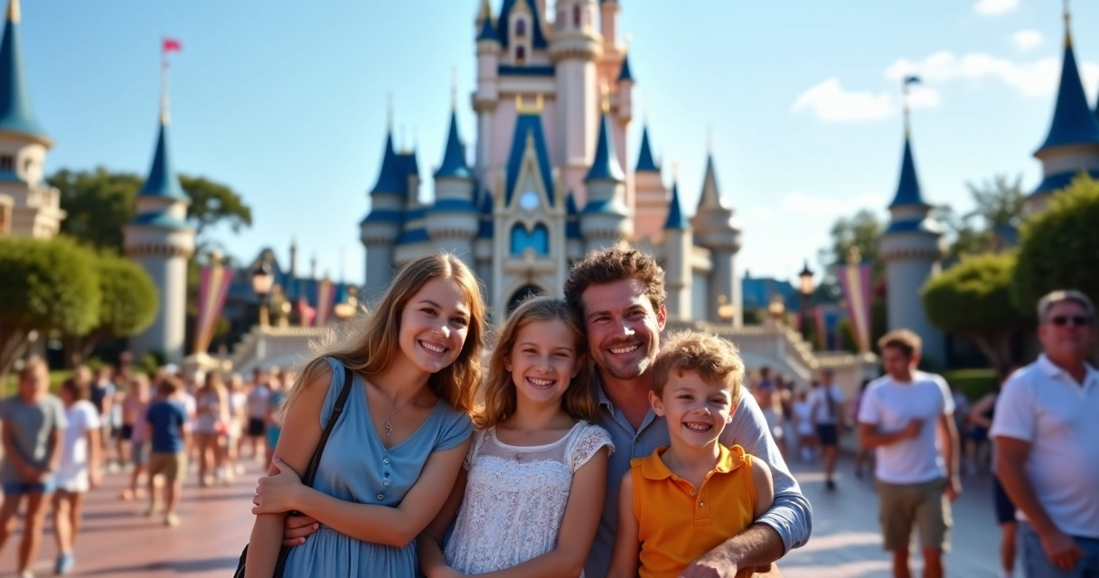 Família sendo fotografada por fotógrafo Disney em frente ao castelo 