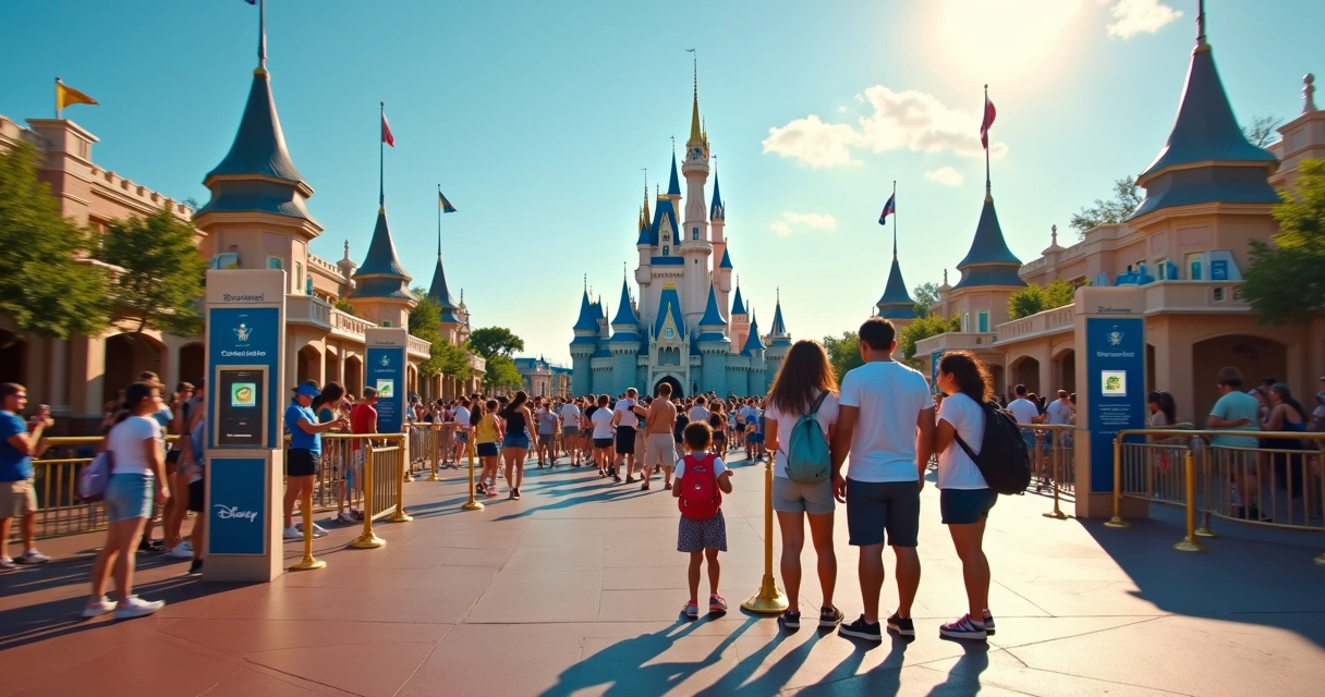 Família brasileira usando fila rápida com Disney Genie Plus em parque da Disney 