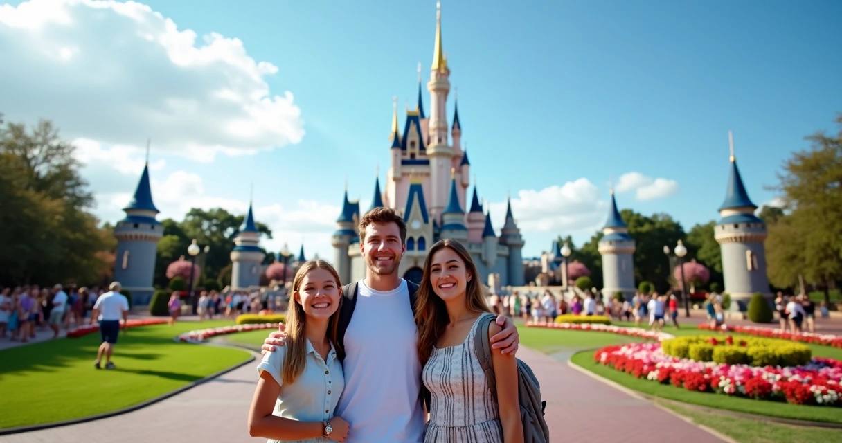 Família feliz em frente ao castelo da Cinderela no Magic Kingdom, dia ensolarado e céu azul claro 