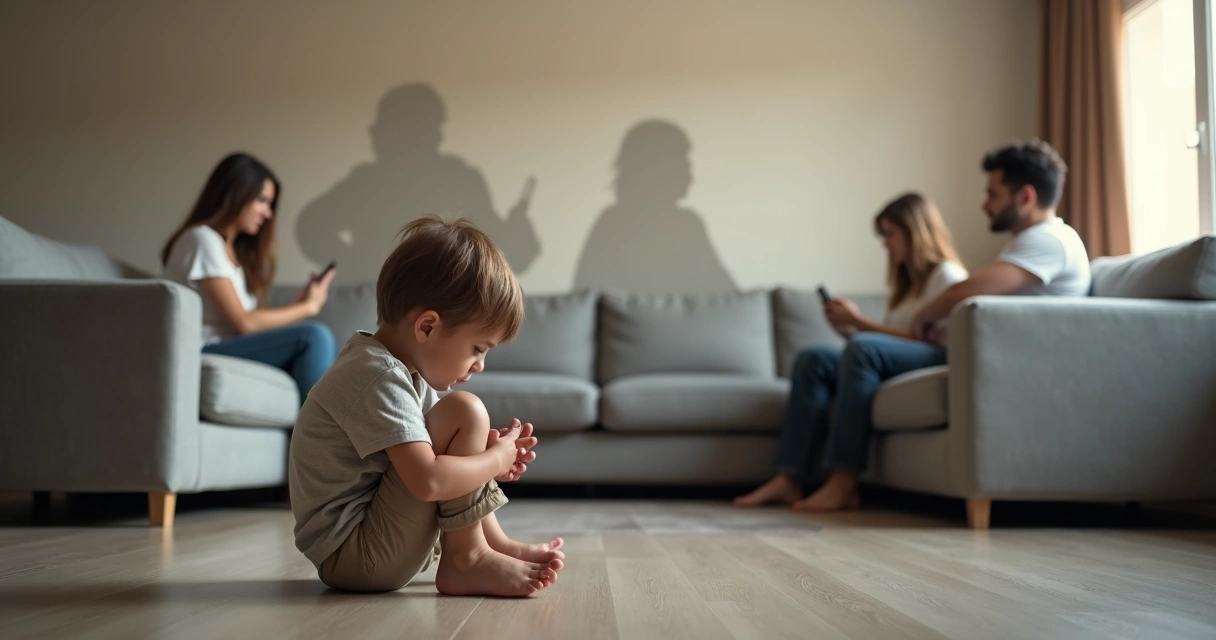 Niño en primer plano con padres distantes al fondo en el sofá 