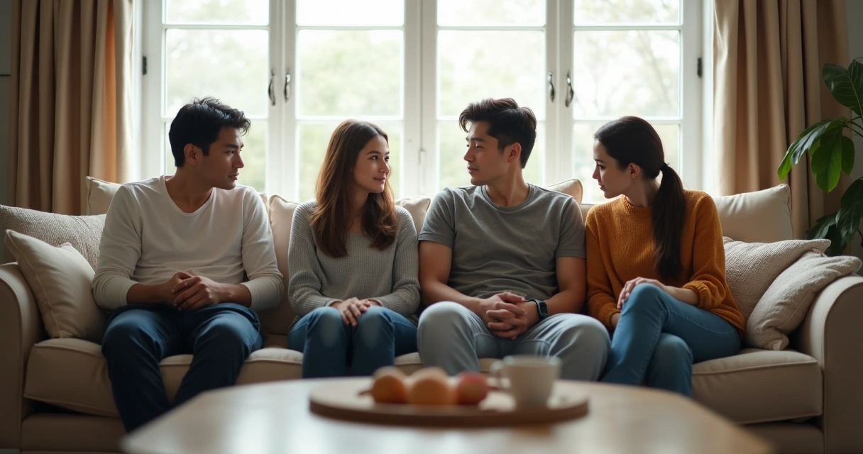 Família sentada no sofá com distância emocional