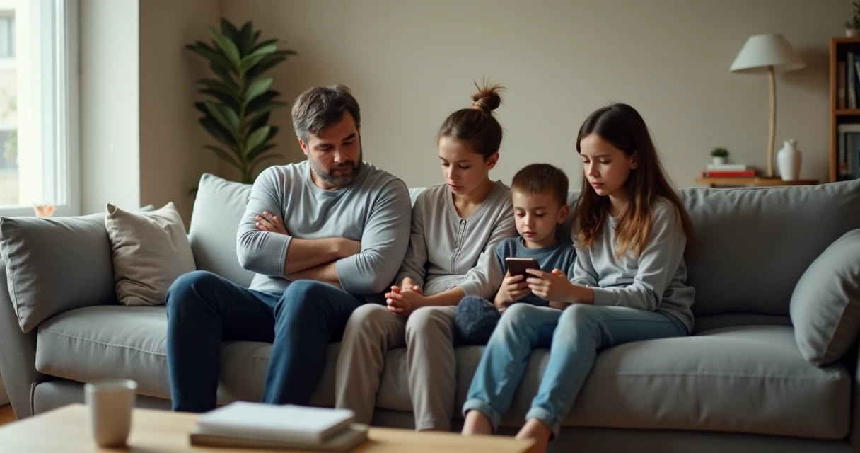 Família sentada no sofá em silêncio demonstrando distanciamento emocional 