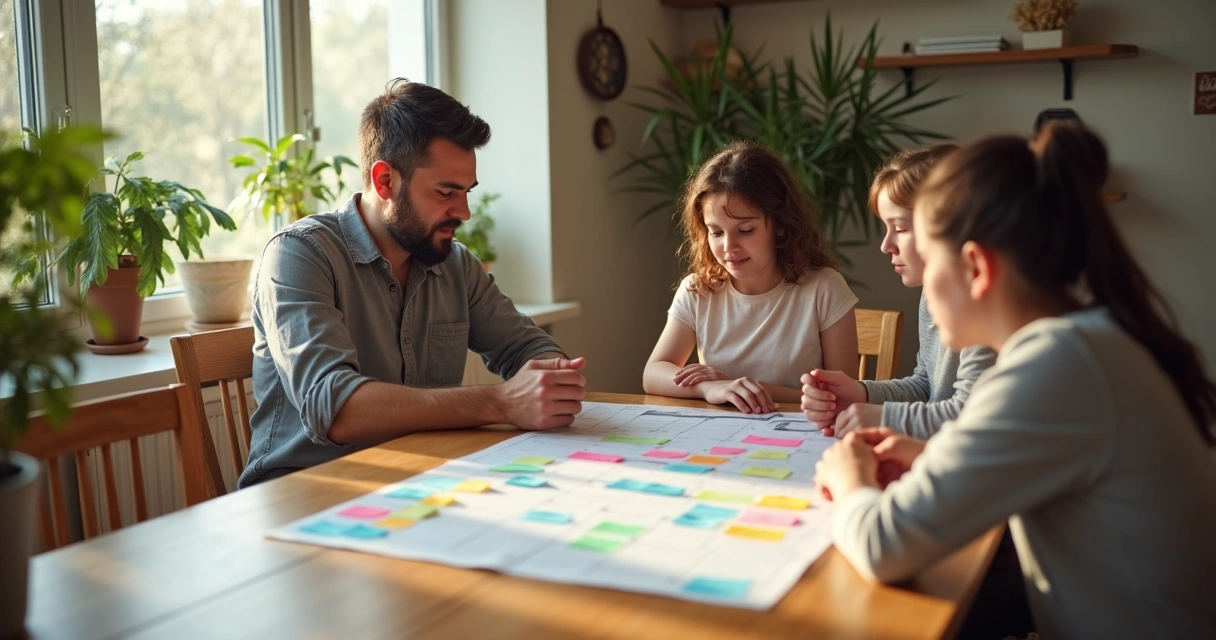 Família reunida organizando tarefas domésticas em uma mesa
