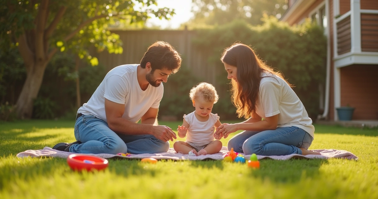 Família diversa brincando com criança no quintal