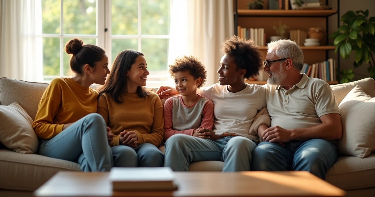 Família diversa sentada no sofá conversando. 