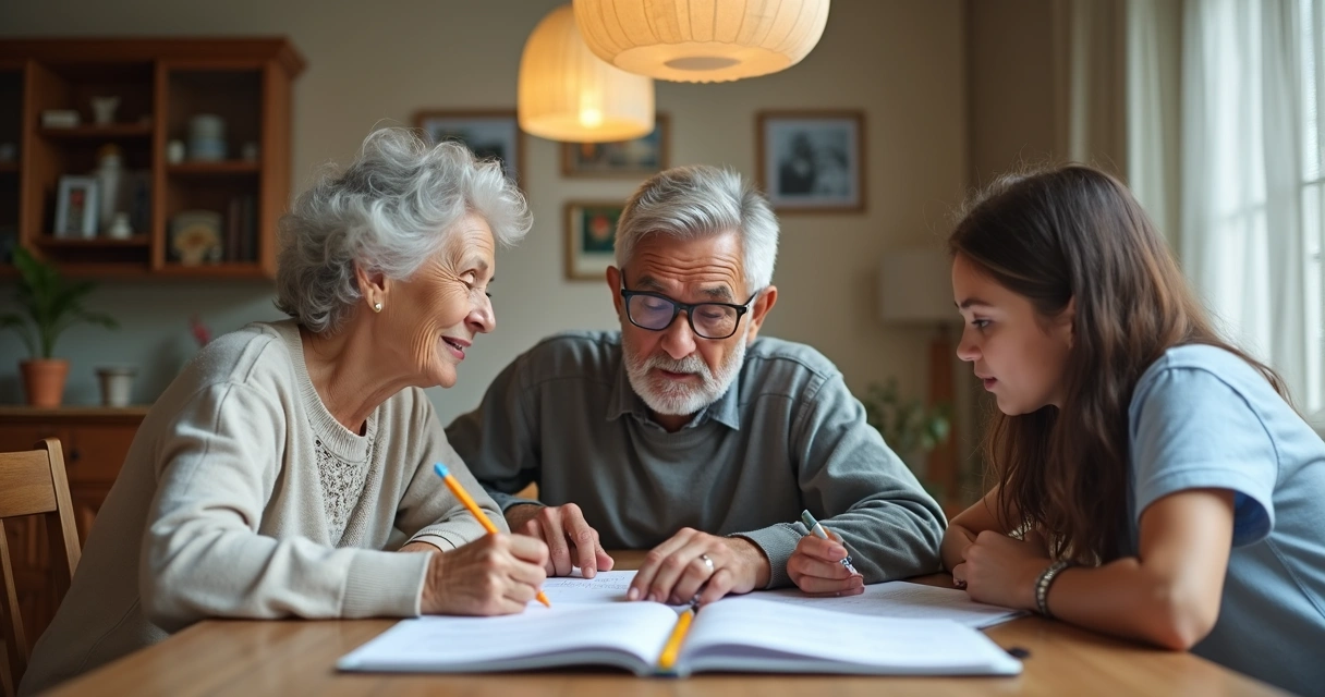 Família diversa de gerações estudando junto na sala de jantar