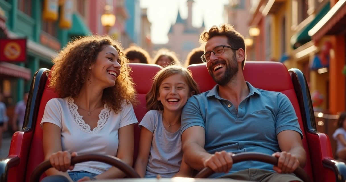 Família sorrindo aproveitando atração temática no Hollywood Studios 