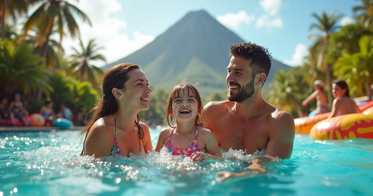 Família sorridente aproveitando piscina no parque aquático Volcano Bay 