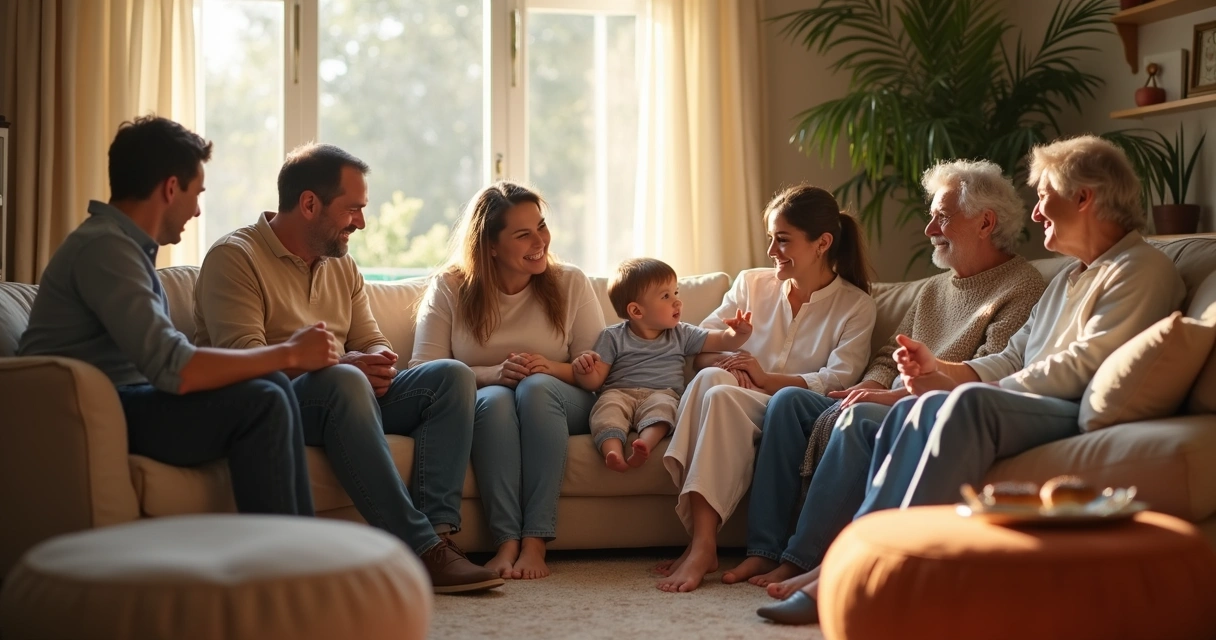 Família diversa reunida em sala, dialogando em círculo 