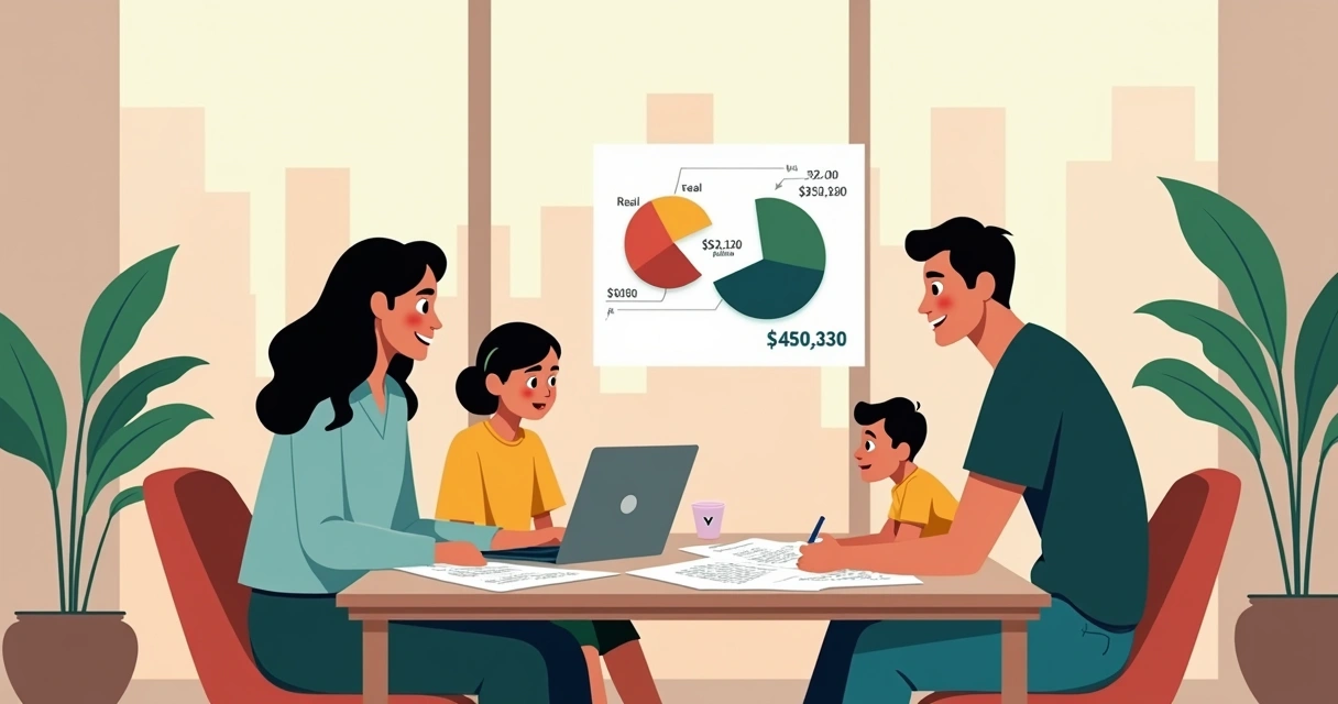 Família analisando gráficos financeiros na mesa 