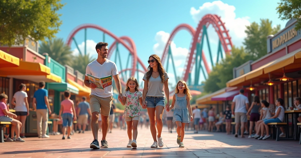 Família sorridente passeando em parque temático de Orlando com montanhas-russas e atrações ao fundo 
