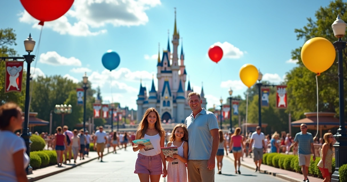 Família sorrindo na frente do castelo da Cinderela, com céu azul e visitantes ao fundo em parque da Disney em Orlando