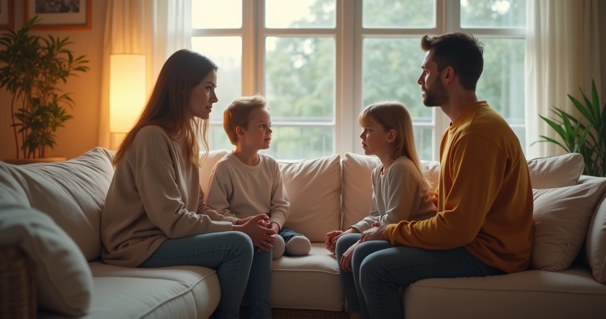 Miembros de una familia divididos en dos grupos, sentados en lados opuestos de una sala 
