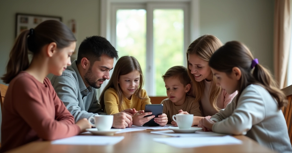 Família reunida ao redor da mesa olhando celular dividindo contas no WhatsApp 