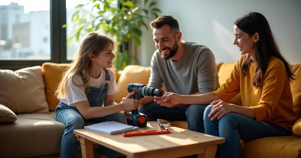 Família dividindo ferramentas em uma sala de apartamento 