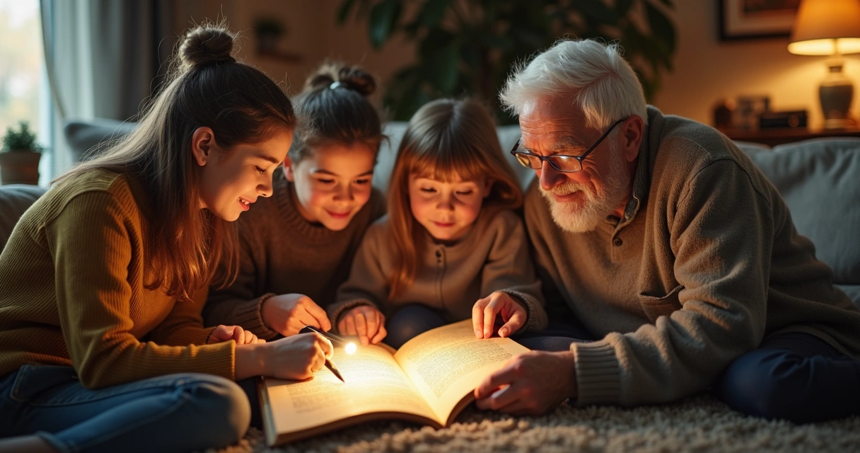 Família reunida analisando um documento antigo na sala de estar