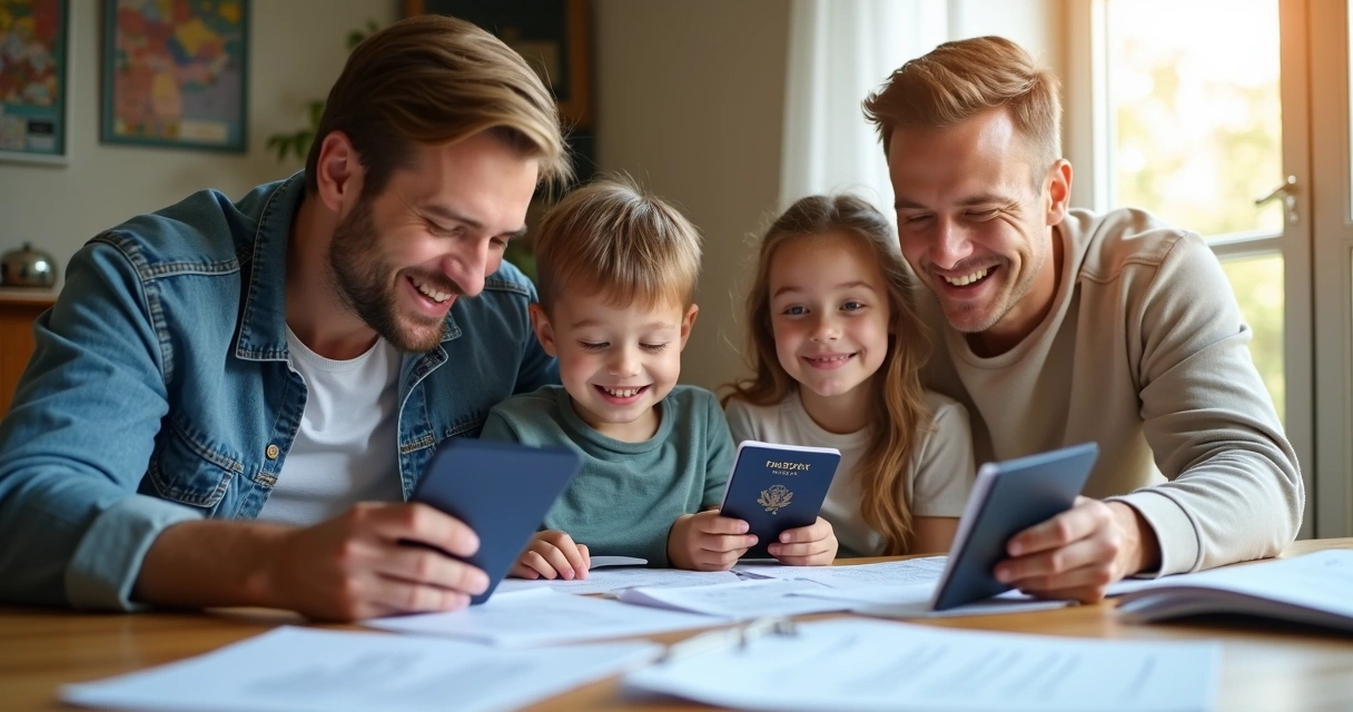 Família reunida organizando documentos para viagem 