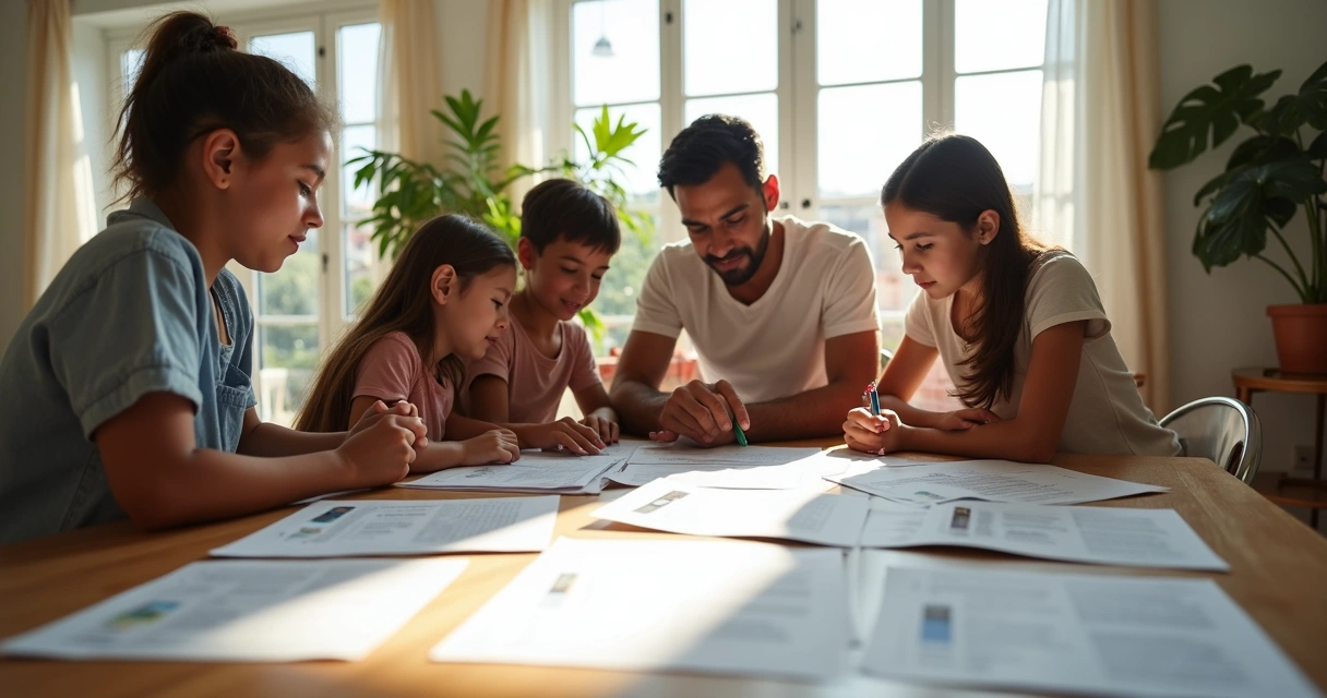 Família sentada na sala reunindo documentos 