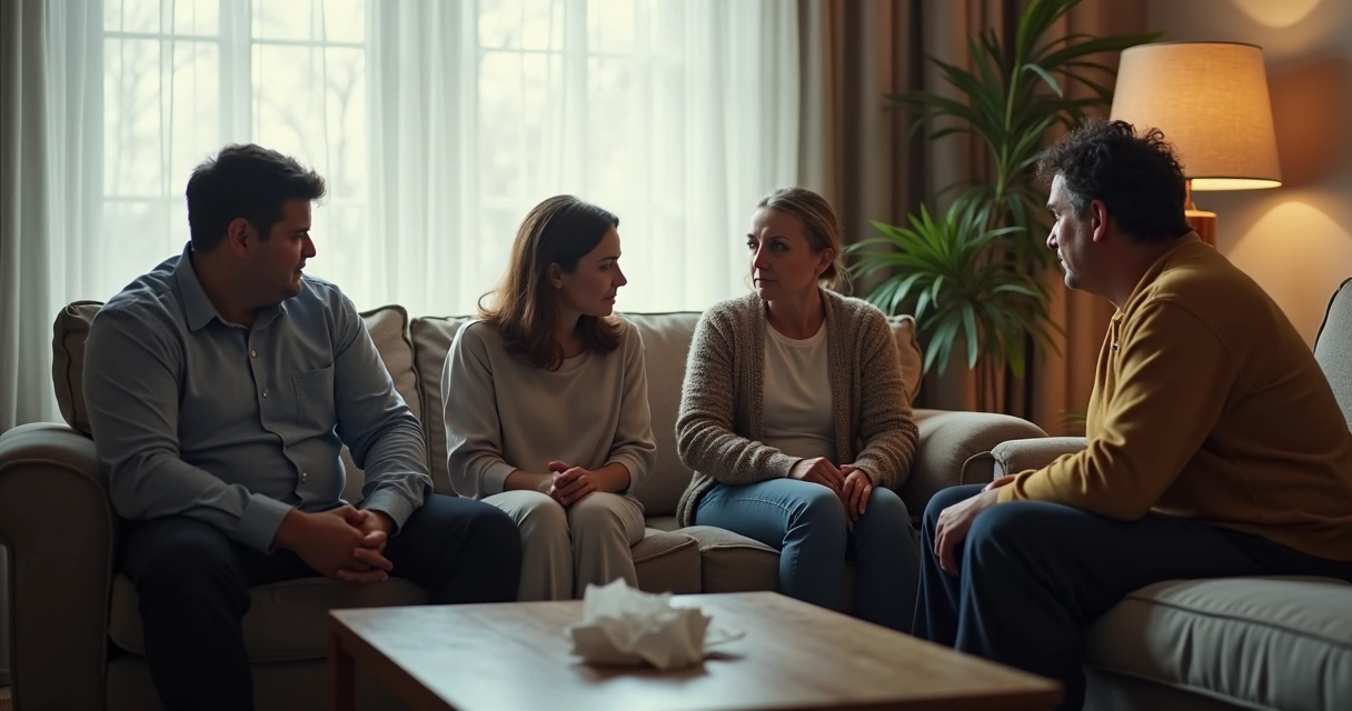 Familia en silencio en una sala durante un duelo