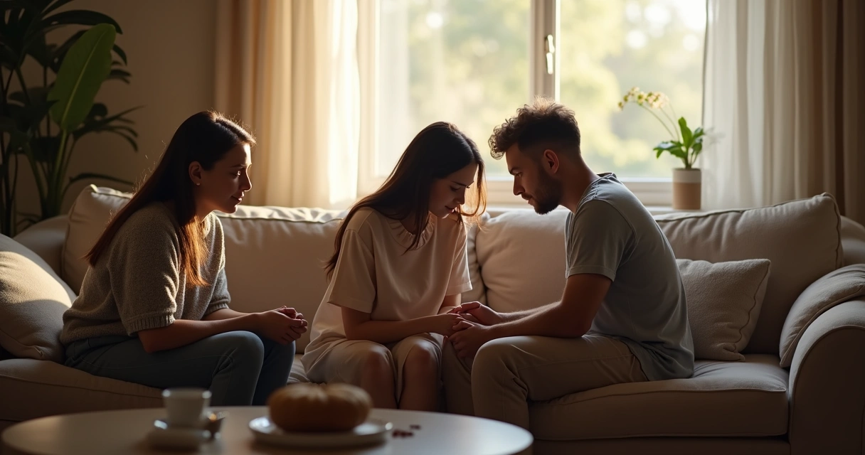 Família reunida em silêncio durante um momento de luto 