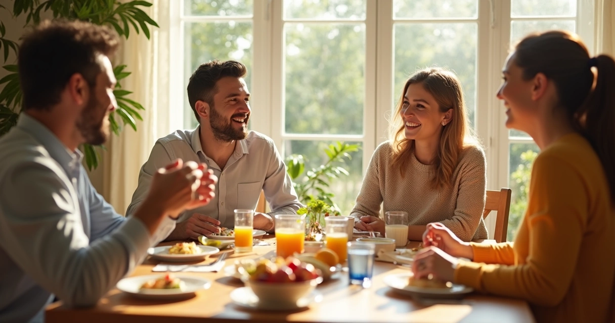 Família reunida à mesa durante refeição, sem aparelhos eletrônicos, conversando e sorrindo. Ambiente iluminado e alegre. 
