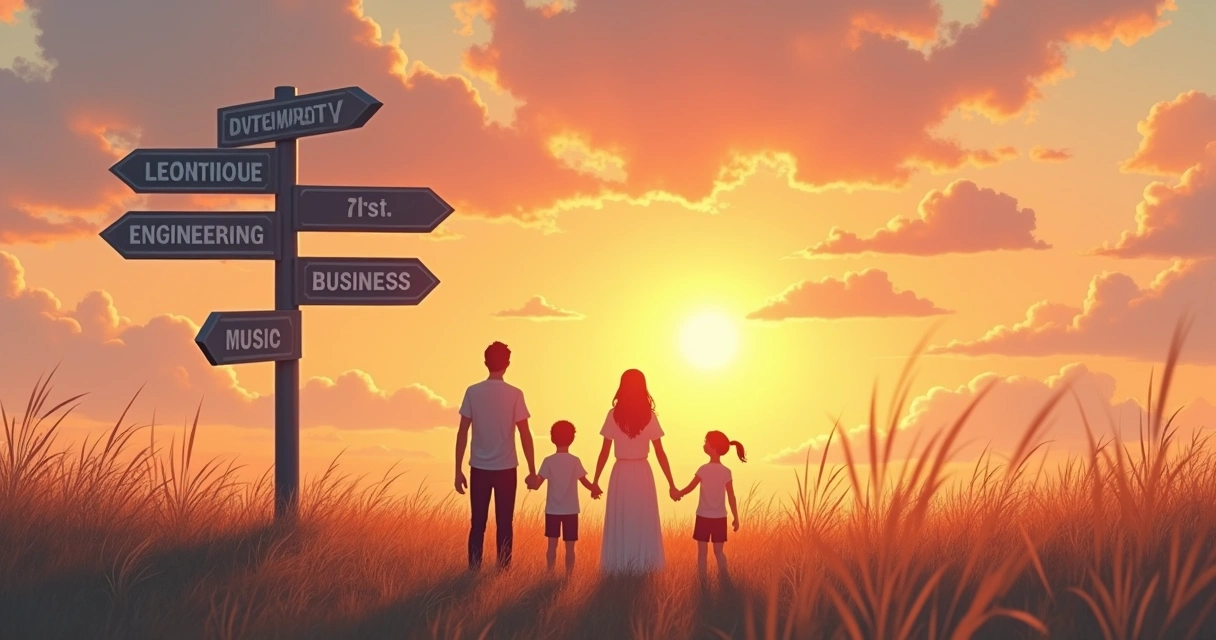 Família olhando para estradas com placas profissionais 