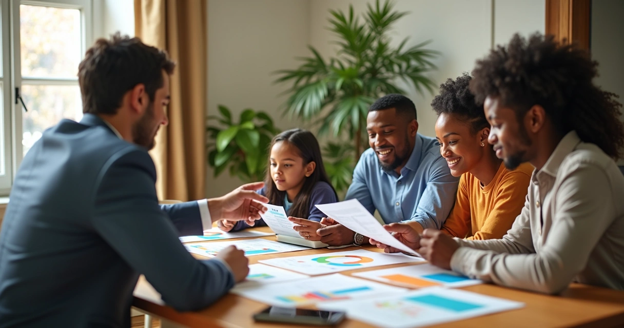 Família e equipe de negócios reunidos analisando documentos de planos de saúde 