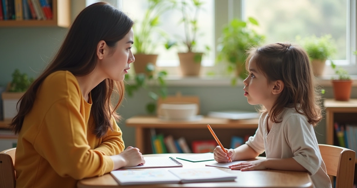 Responsável conversando com educadora na escola infantil 