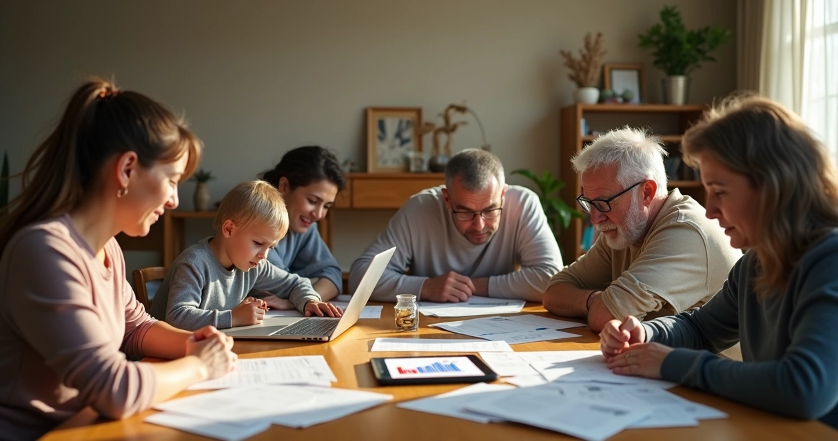 Família em volta da mesa com contraste entre harmonia e tensão financeira 