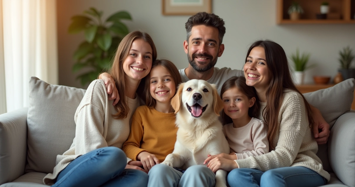 Família sentada no sofá com cão de estimação