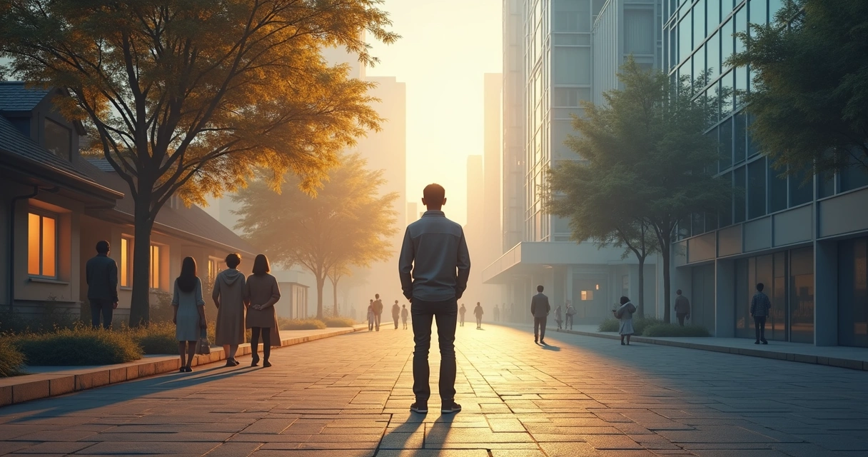 Pessoa em pé entre uma família e a cidade simbolizando escolha de paradigmas 