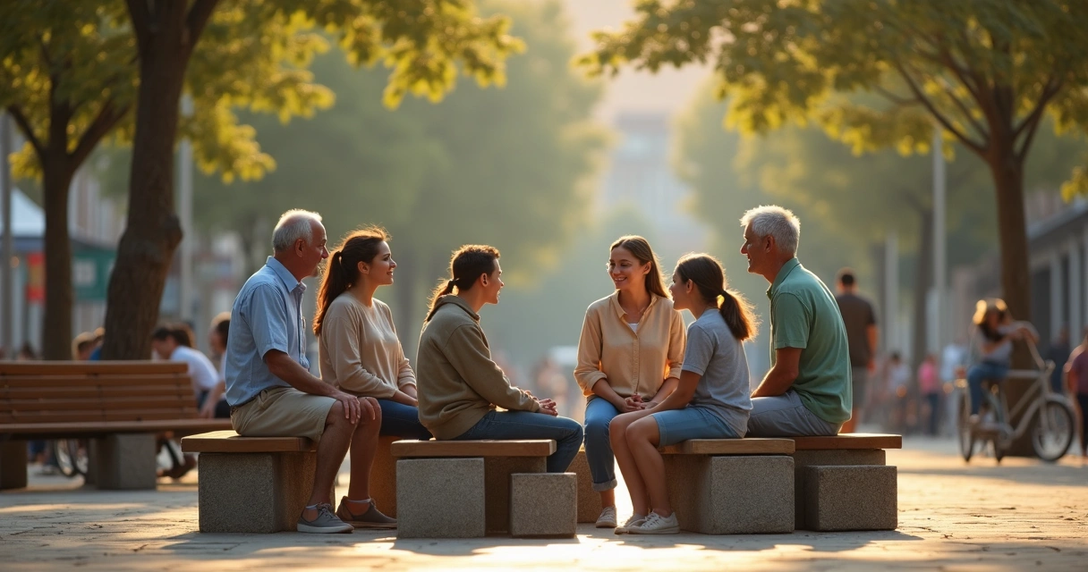 Grupo diverso de pessoas de diferentes gerações em uma roda de conversa em praça urbana 