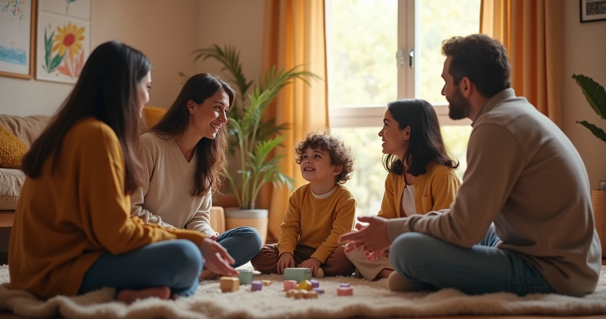 Terapeuta e família conversando em roda, com criança no centro, ambiente acolhedor 