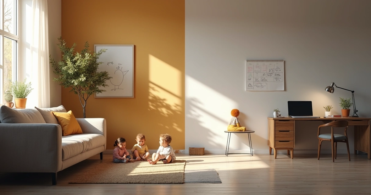 Divisão visual entre casa e escritório conectada por sombras sobrepostas 