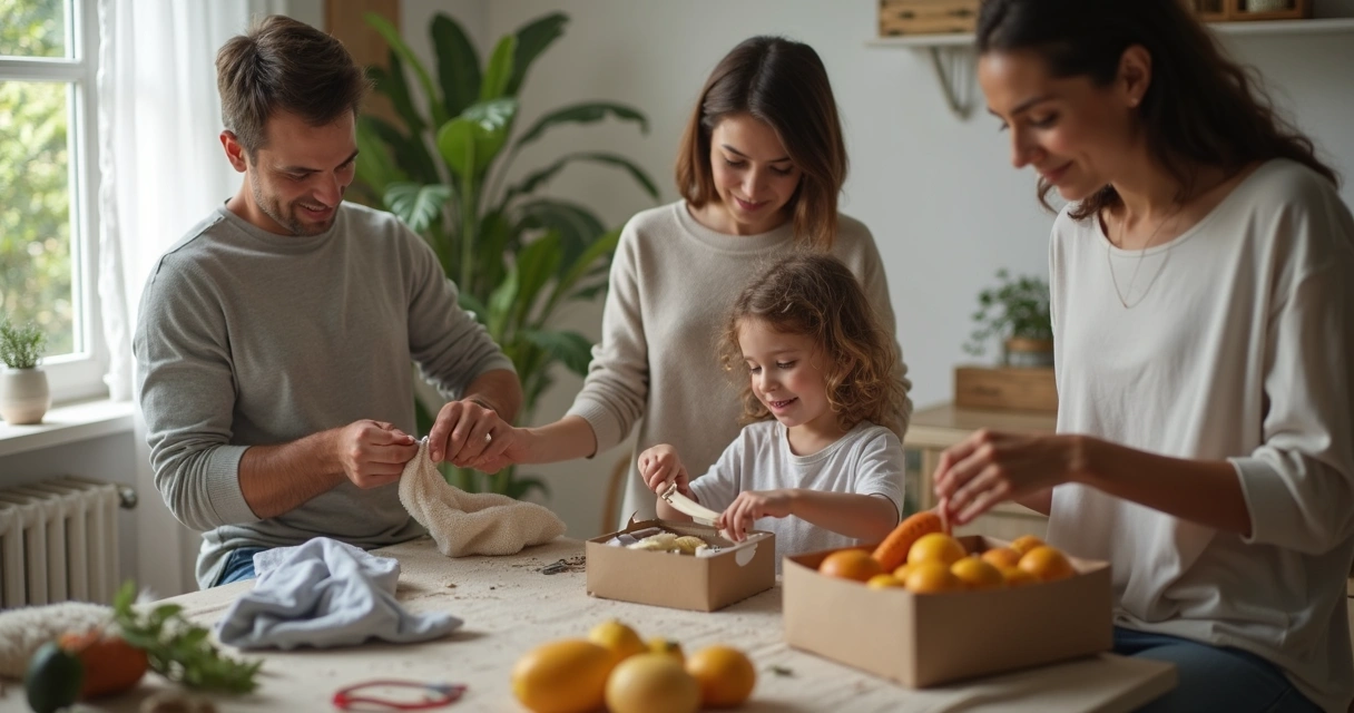 Família praticando economia circular com objetos reutilizados e crianças participando