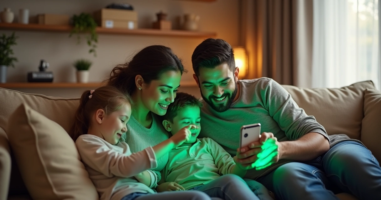 Família olhando tela de smartphone com saldo de cashback disponível 